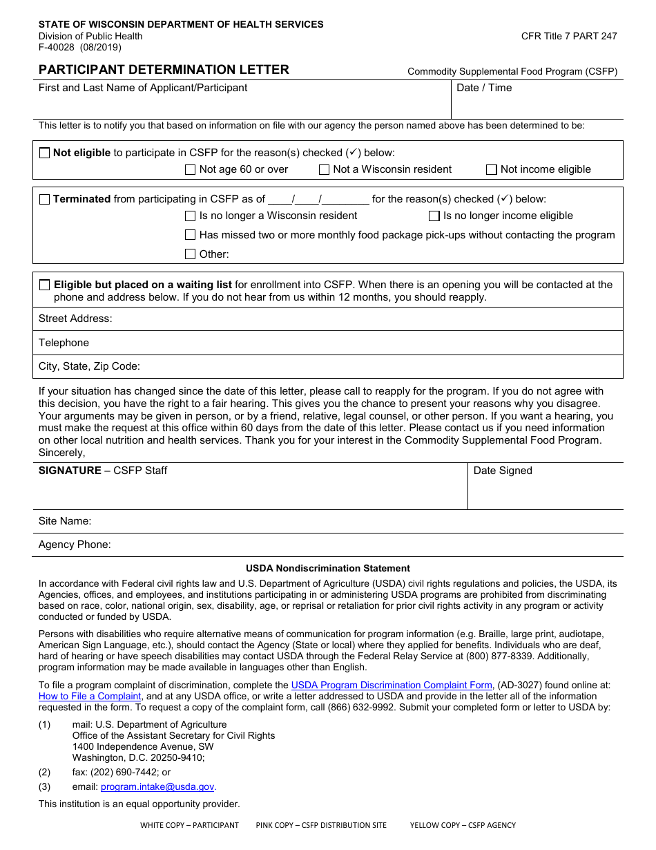 Form F-40028 Participant Determination Letter - Wisconsin, Page 1