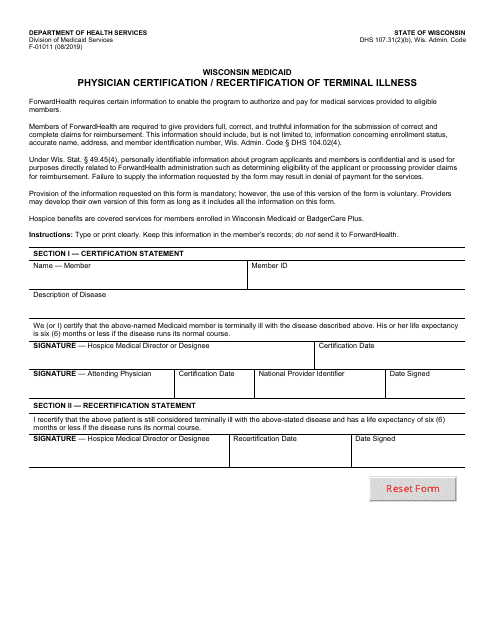 Form F-01011 Physician Certification/Recertification of Terminal Illness - Wisconsin