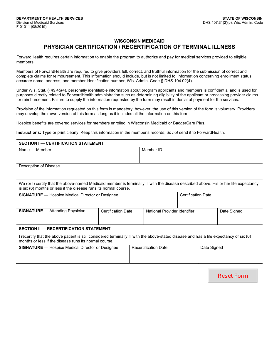 Form F-01011 Physician Certification / Recertification of Terminal Illness - Wisconsin, Page 1