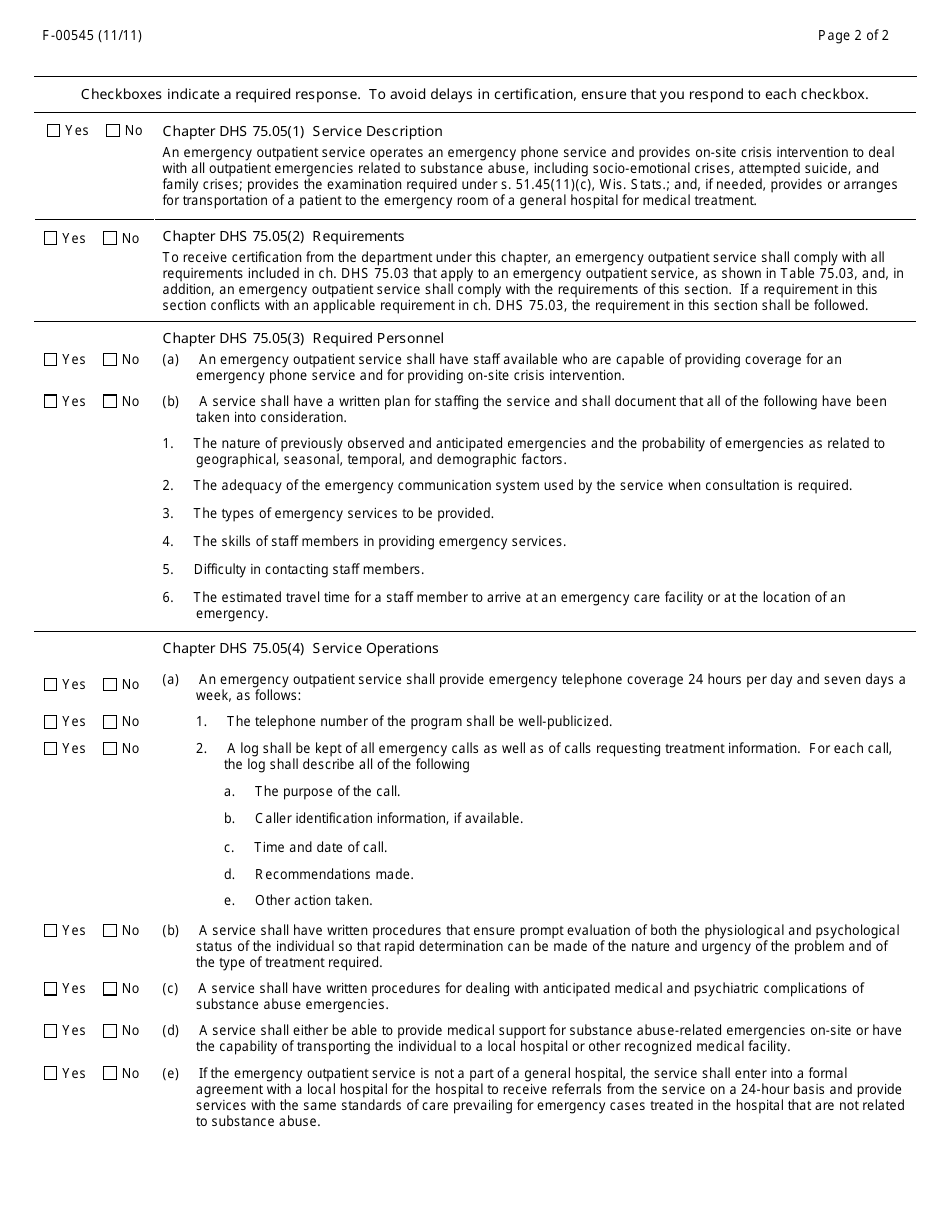 Form F-00545 Emergency Outpatient Service Initial Certification Application - DHS 75.05 - Wisconsin, Page 2