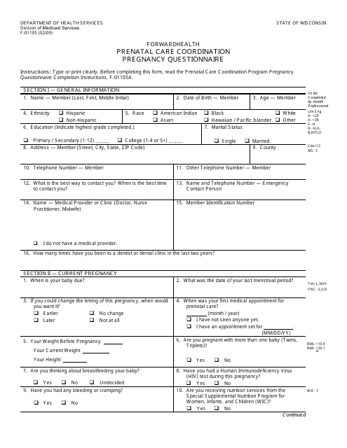 Form F-01105 Prenatal Care Coordination Pregnancy Questionnaire - Wisconsin