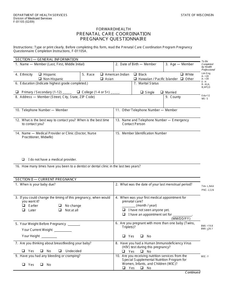 Form F-01105 Prenatal Care Coordination Pregnancy Questionnaire - Wisconsin, Page 1
