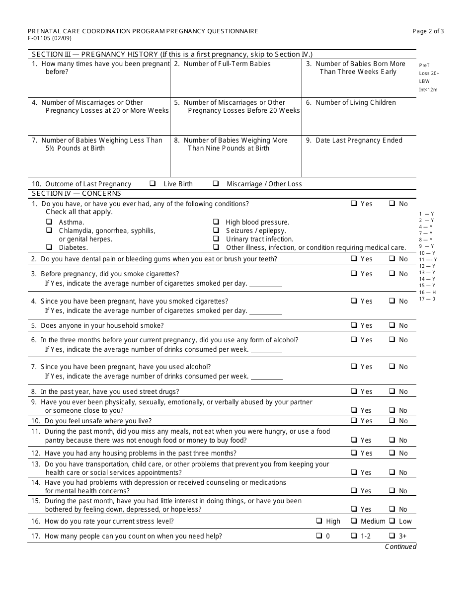 Form F-01105 Prenatal Care Coordination Pregnancy Questionnaire - Wisconsin, Page 2