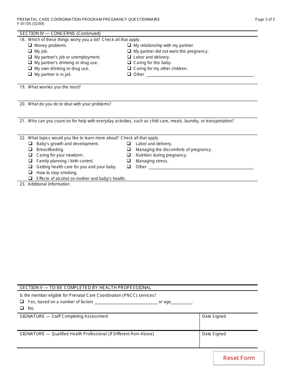 Form F-01105 Prenatal Care Coordination Pregnancy Questionnaire - Wisconsin, Page 3