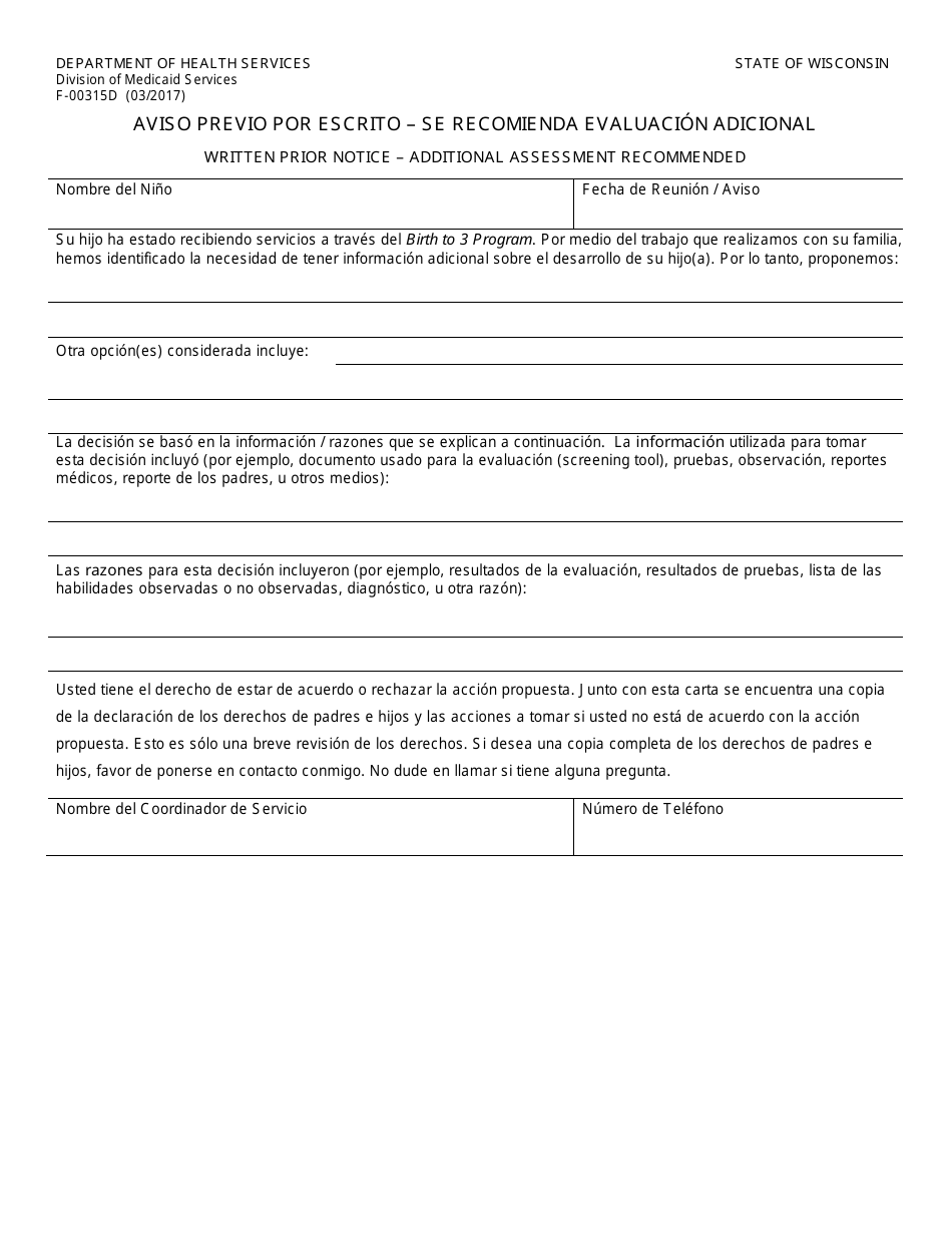 Formulario F-00315D Aviso Previo Por Escrito - Se Recomienda Evaluacion Adicional - Wisconsin (Spanish), Page 1