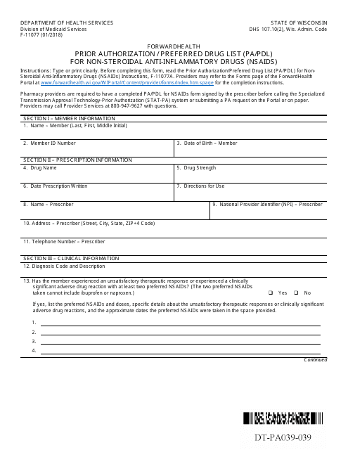 Form F-11077 Prior Authorization/Preferred Drug List (Pa/Pdl) for Non-steroidal Anti-inflammatory Drugs (Nsaids) - Wisconsin