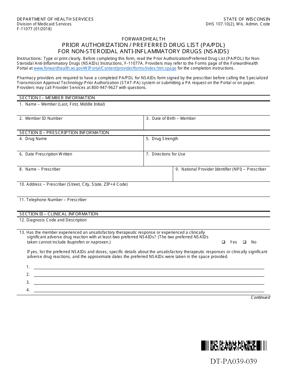 Form F-11077 Prior Authorization / Preferred Drug List (Pa / Pdl) for Non-steroidal Anti-inflammatory Drugs (Nsaids) - Wisconsin, Page 1