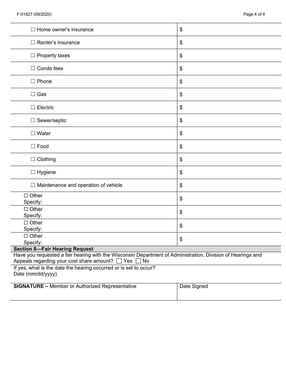 Form F-01827 Application for Reduction of Cost Share - Wisconsin, Page 4