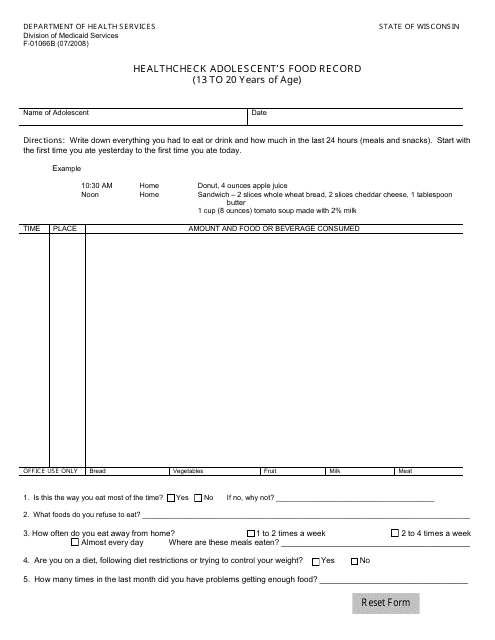 Form F-01066B Healthcheck Adolescent's Food Record (13 to 20 Years of Age) - Wisconsin