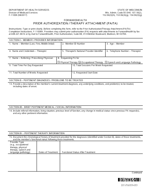 Form F-11008 Prior Authorization/Therapy Attachment (Pa/Ta) - Wisconsin