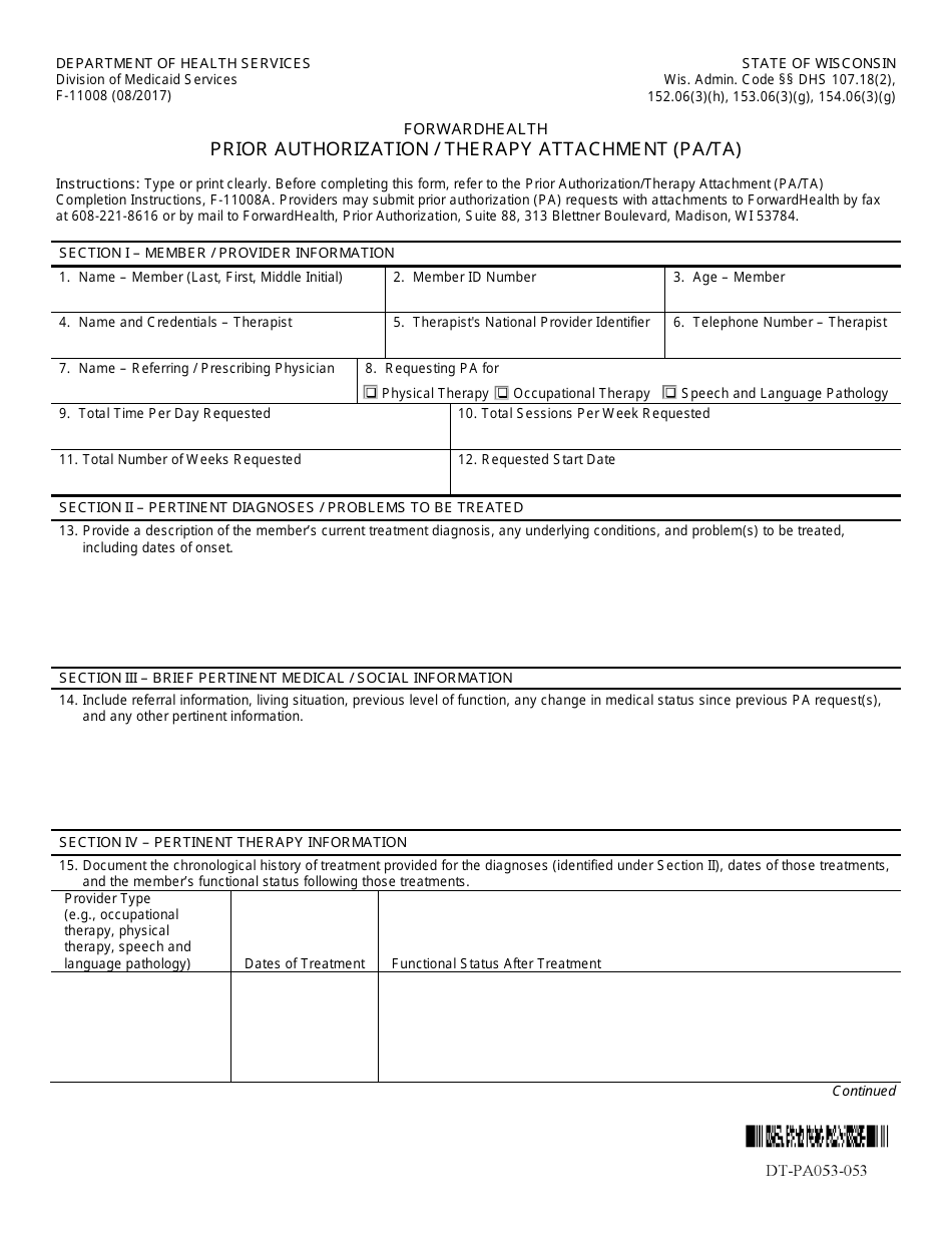 Form F-11008 Prior Authorization / Therapy Attachment (Pa / Ta) - Wisconsin, Page 1