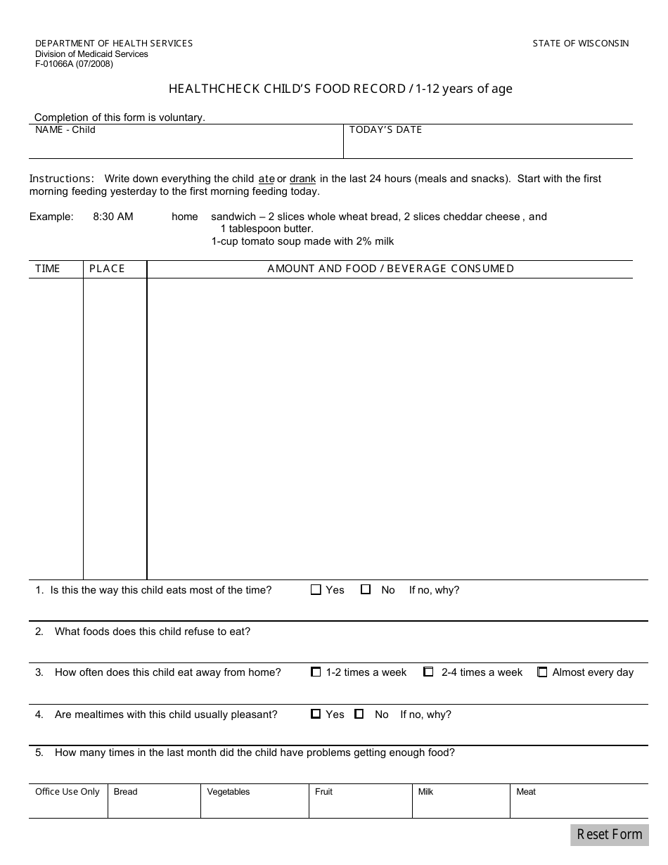 Form F-01066A Healthcheck Child's Food Record - 1-12 Years of Age - Wisconsin, Page 1
