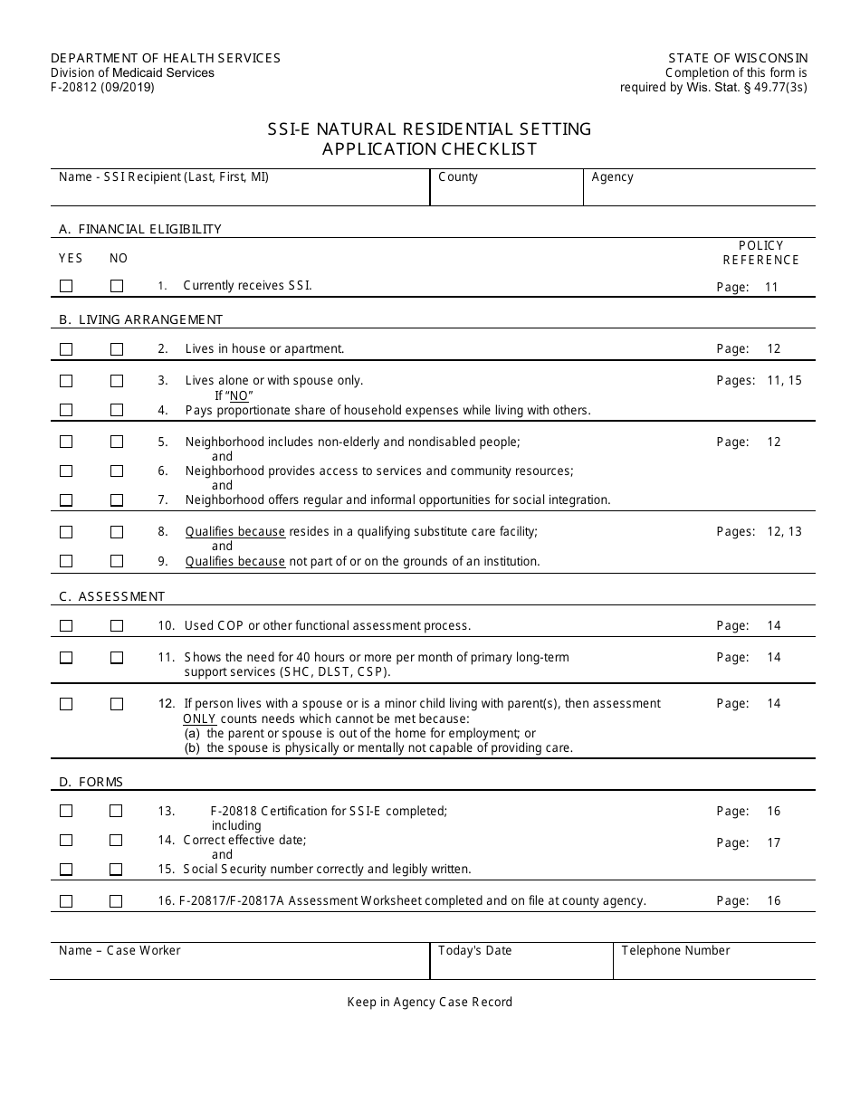 Form F-20812 Ssi-E Natural Residential Setting Application Checklist - Wisconsin, Page 1