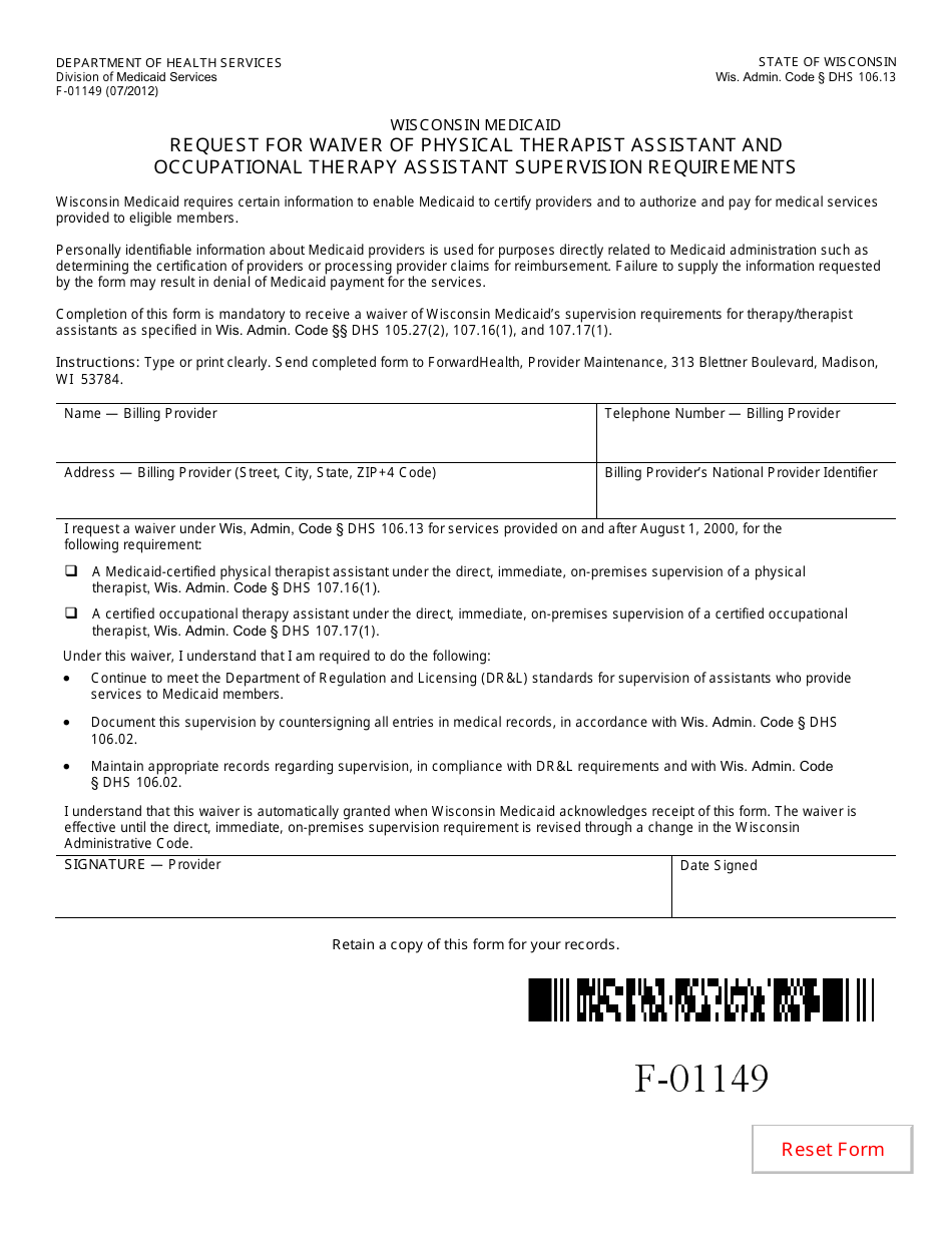 Form F-01149 Request for Waiver of Physical Therapist Assistant and Occupational Therapy Assistant Supervision Requirements - Wisconsin, Page 1