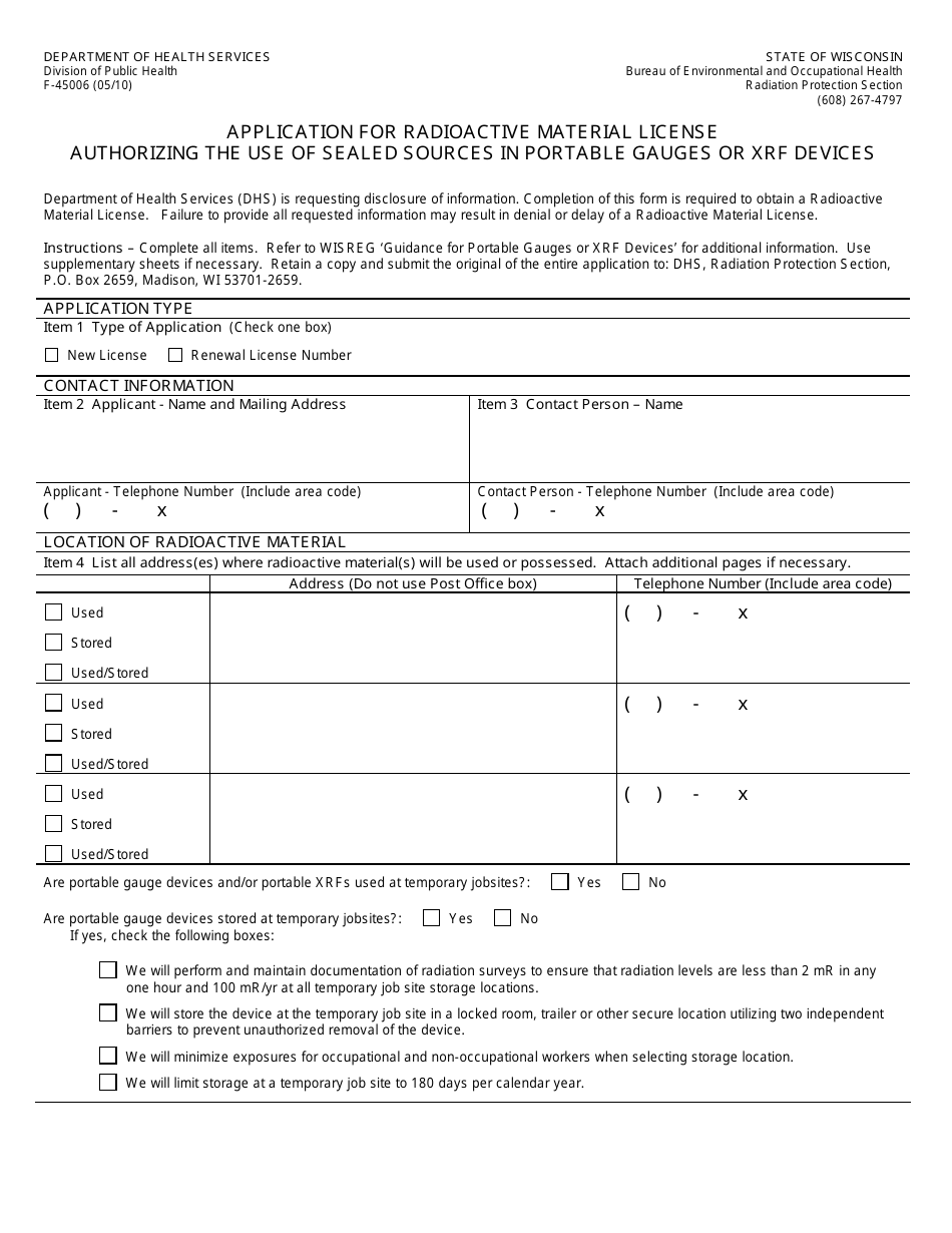 Form F-45006 Application for Radioactive Material License Authorizing the Use of Sealed Sources in Portable Gauges or Xrf Devices - Wisconsin, Page 1