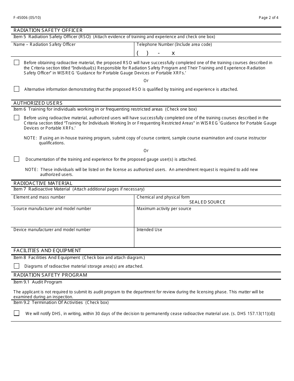 Form F-45006 Application for Radioactive Material License Authorizing the Use of Sealed Sources in Portable Gauges or Xrf Devices - Wisconsin, Page 2