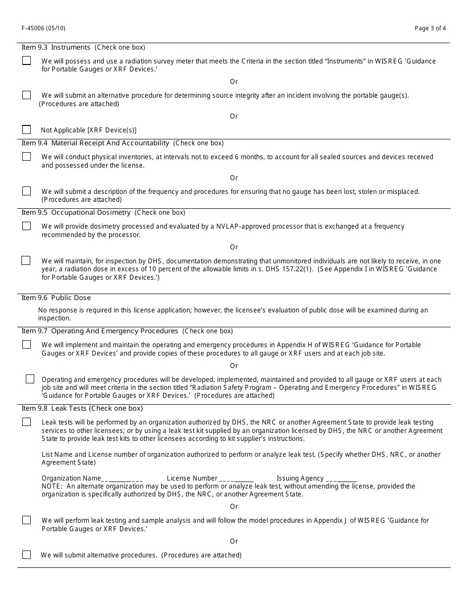 Form F-45006 Application for Radioactive Material License Authorizing the Use of Sealed Sources in Portable Gauges or Xrf Devices - Wisconsin, Page 3