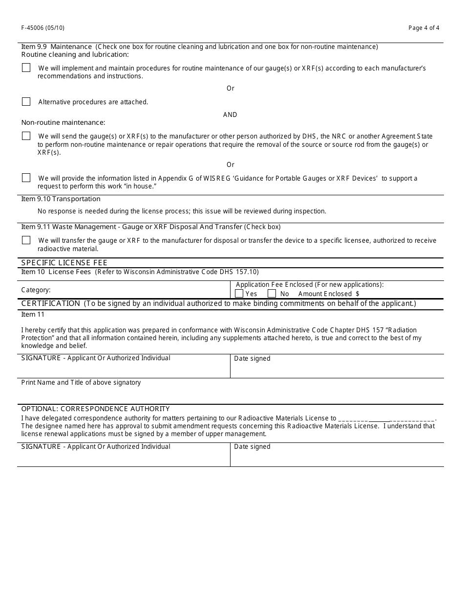 Form F-45006 Application for Radioactive Material License Authorizing the Use of Sealed Sources in Portable Gauges or Xrf Devices - Wisconsin, Page 4