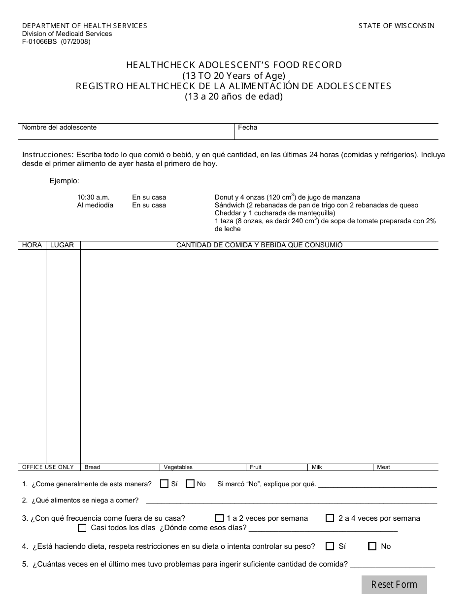 Formulario F-01066B Registro Healthcheck De La Alimentacion De Adolescentes (13 a 20 Anos De Edad) - Wisconsin (Spanish), Page 1