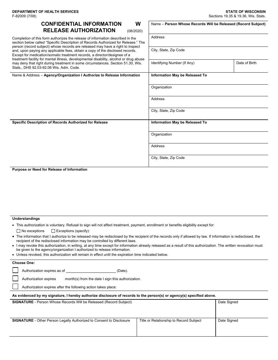 Form F-82009W Confidential Information Release Authorization - Two Entities - Wisconsin, Page 1