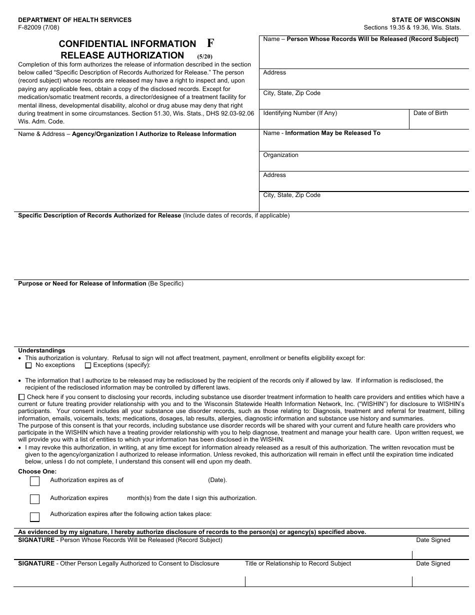 Form F-82009F Confidential Information Release Authorization: Wishin - Wisconsin, Page 1