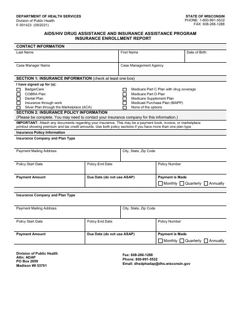 Form F-01423 Insurance Enrollment Report - AIDS/HIV Drug Assistance and Insurance Assistance Program - Wisconsin