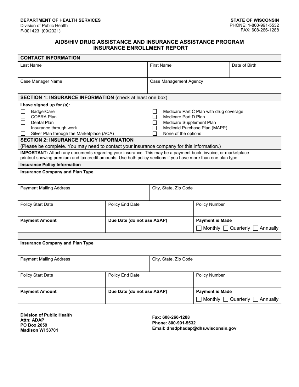 Form F-01423 Insurance Enrollment Report - AIDS / HIV Drug Assistance and Insurance Assistance Program - Wisconsin, Page 1