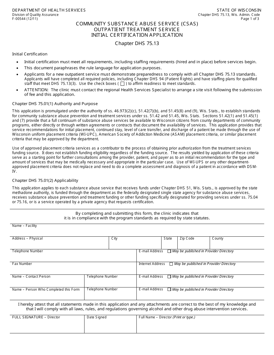 Form F-00544 Community Substance Abuse Service (Csas) Outpatient Treatment Service Initial Certification Application - Wisconsin, Page 1