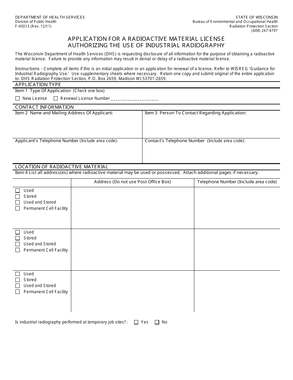 Form F-45013 Application for a Radioactive Material License Authorizing the Use of Industrial Radiography - Wisconsin, Page 1