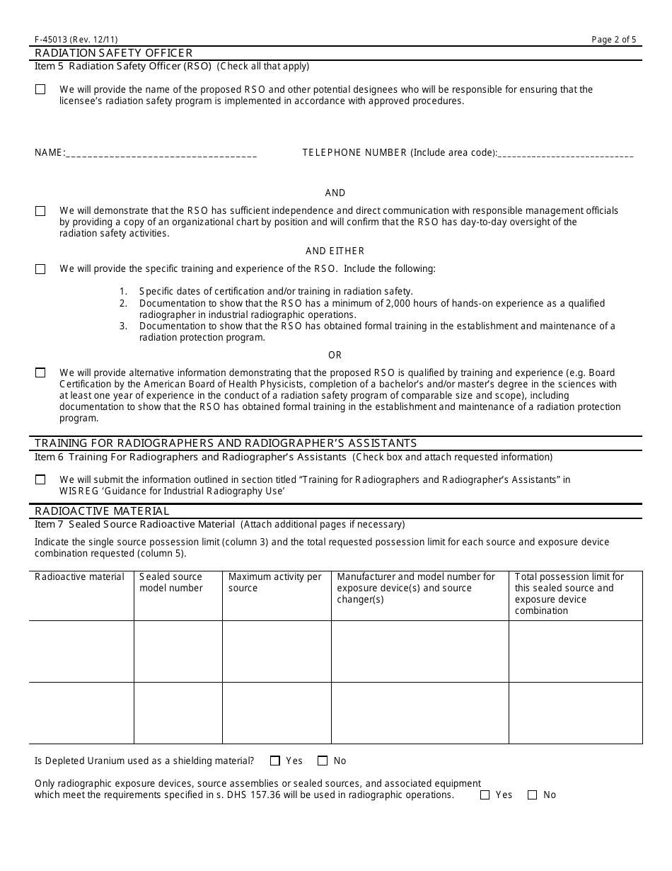 Form F-45013 Application for a Radioactive Material License Authorizing the Use of Industrial Radiography - Wisconsin, Page 2
