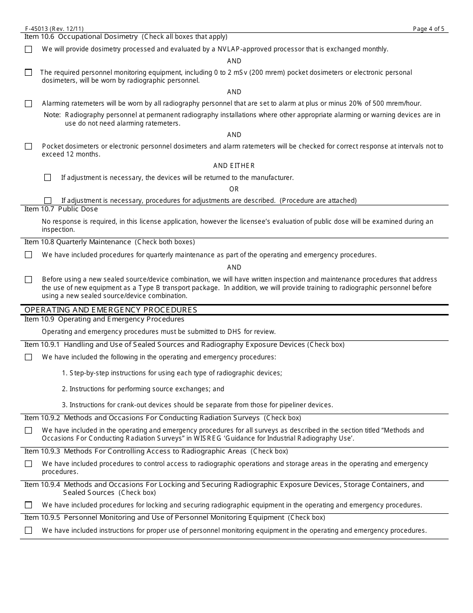 Form F-45013 Application for a Radioactive Material License Authorizing the Use of Industrial Radiography - Wisconsin, Page 4