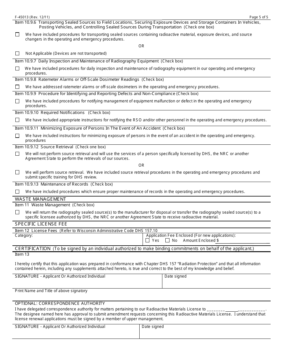 Form F-45013 Application for a Radioactive Material License Authorizing the Use of Industrial Radiography - Wisconsin, Page 5