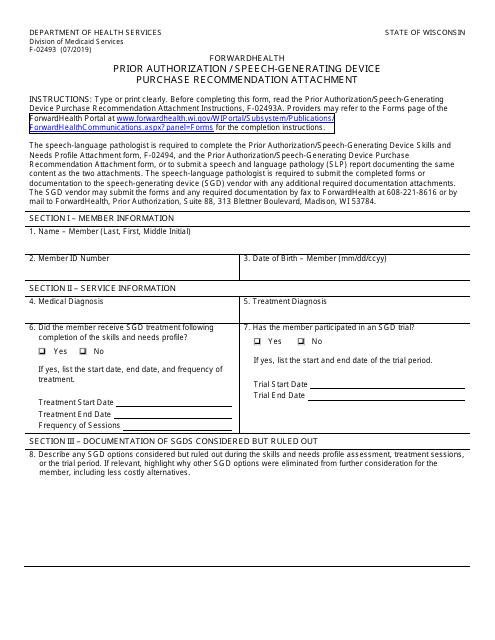 Form F-02493 Prior Authorization/Speech-Generating Device Purchase Recommendation Attachment - Wisconsin