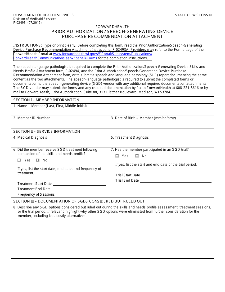 Form F-02493 Prior Authorization / Speech-Generating Device Purchase Recommendation Attachment - Wisconsin, Page 1