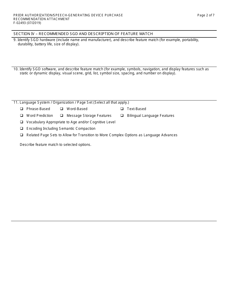 Form F-02493 Prior Authorization / Speech-Generating Device Purchase Recommendation Attachment - Wisconsin, Page 2