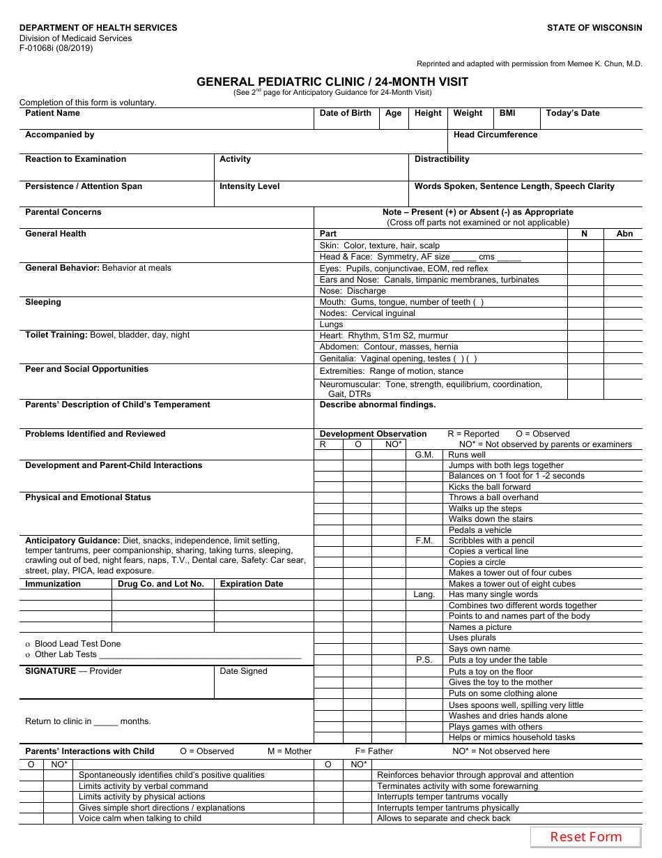 Form F-01068I General Pediatric Clinic / 24-month Visit - Wisconsin, Page 1