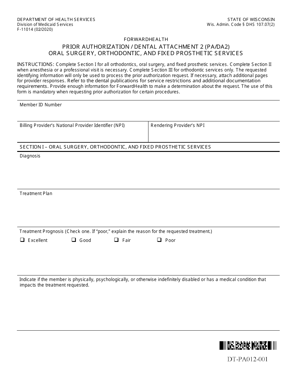 Form F-11014 Attachment PA / DA2 Prior Authorization / Dental Attachment - Oral Surgery, Orthodontic, and Fixed Prosthetic Services - Wisconsin, Page 1