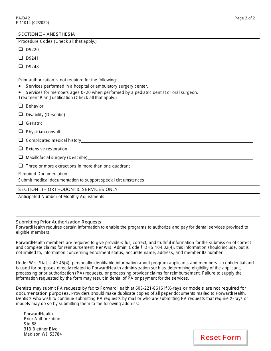 Form F-11014 Attachment PA / DA2 Prior Authorization / Dental Attachment - Oral Surgery, Orthodontic, and Fixed Prosthetic Services - Wisconsin, Page 2