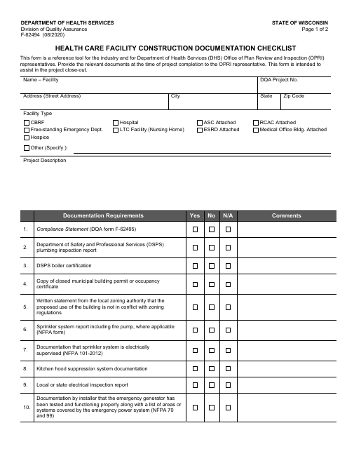 Form F-62494 Health Care Facility Construction Documentation Checklist - Wisconsin