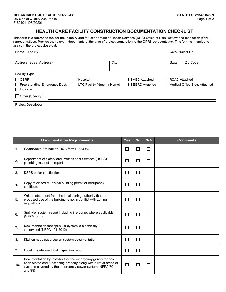 Form F-62494 Health Care Facility Construction Documentation Checklist - Wisconsin, Page 1