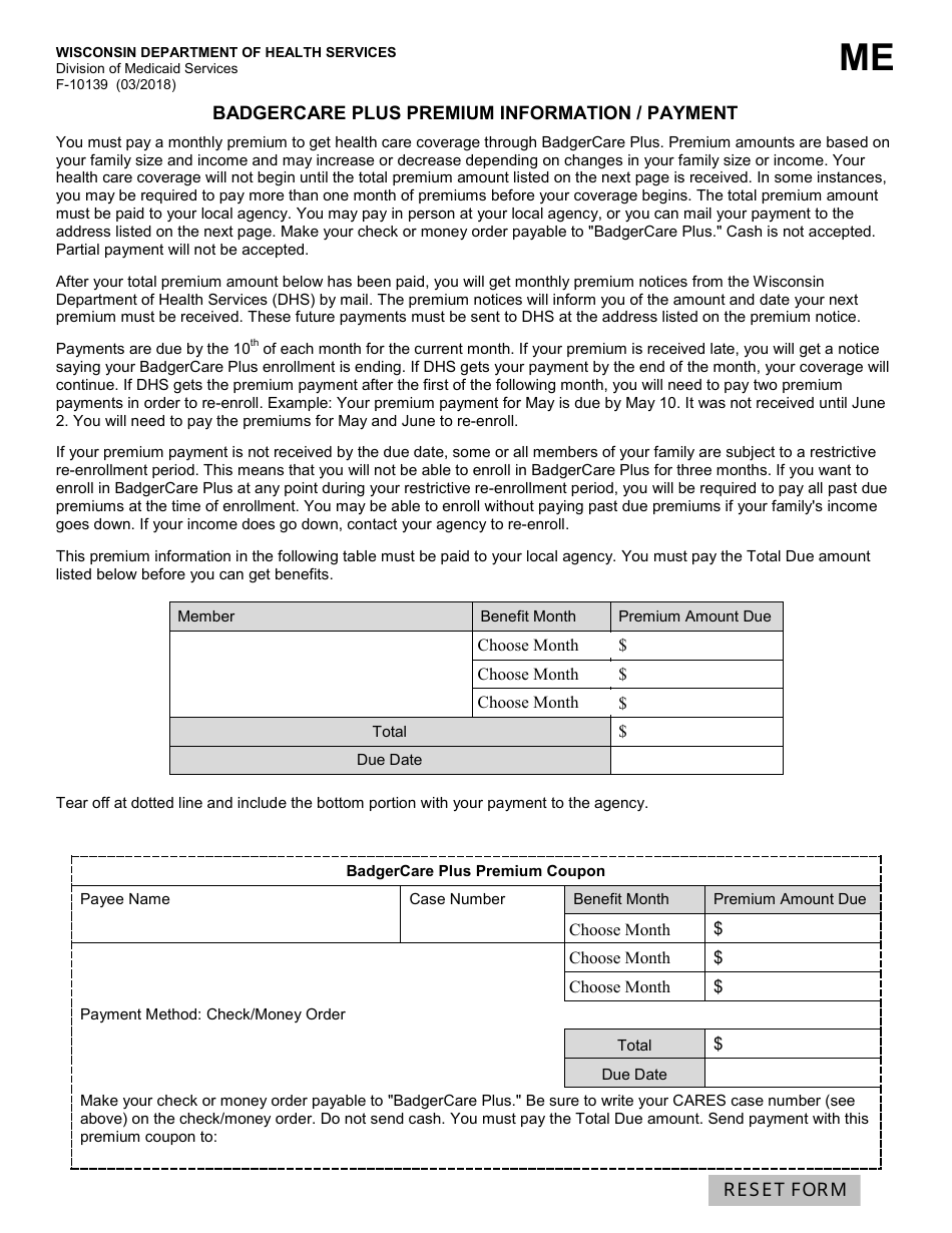 Form F-10139 Badgercare Plus Premium Information / Payment - Wisconsin, Page 1