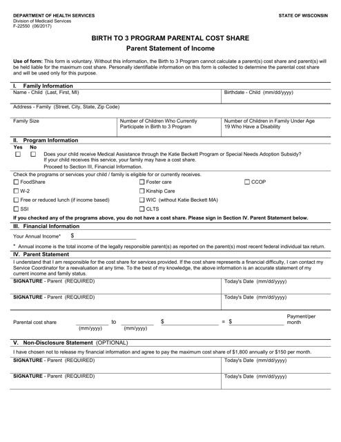 Form F-22550 Birth to 3 Program Parental Cost Share - Parent Statement of Income - Wisconsin