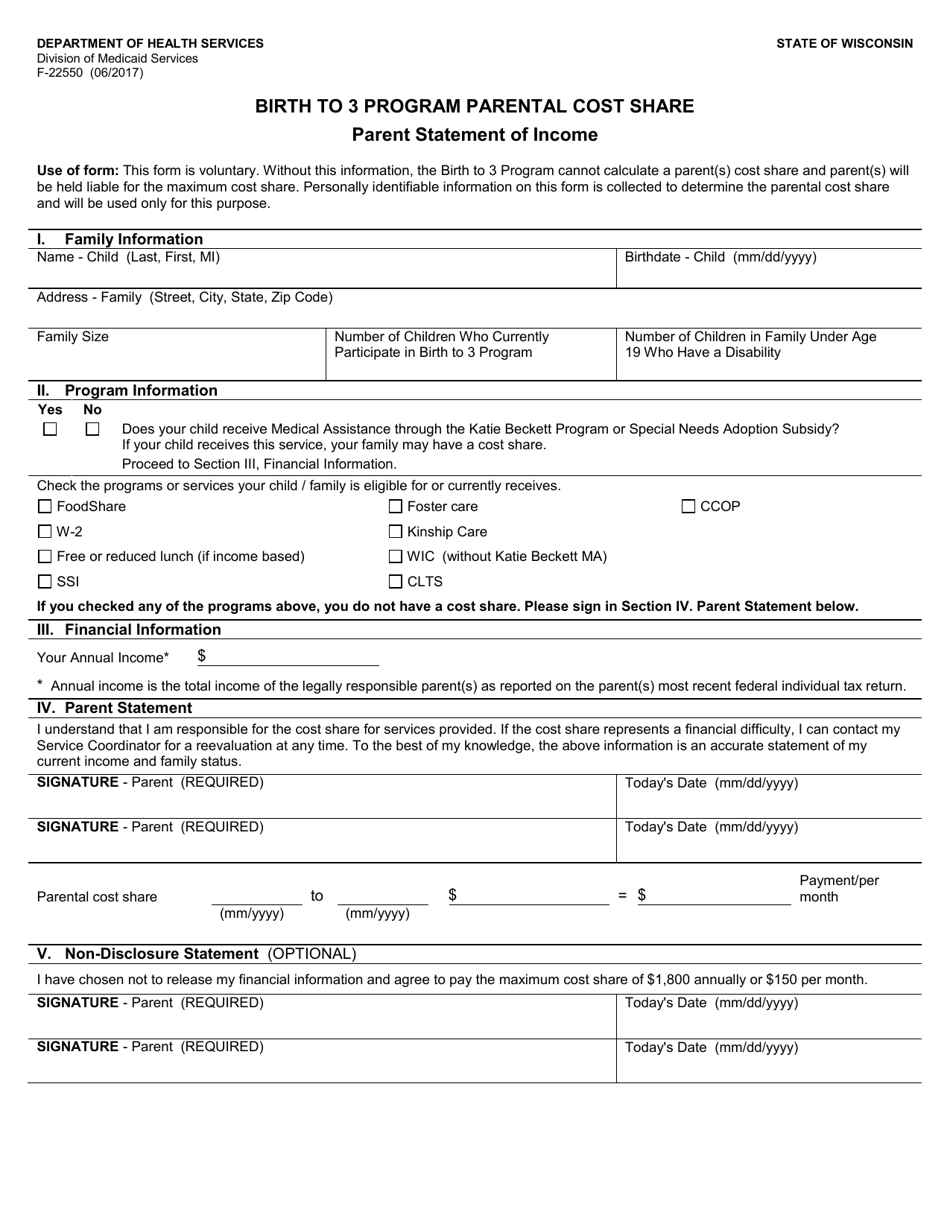Form F-22550 Birth to 3 Program Parental Cost Share - Parent Statement of Income - Wisconsin, Page 1