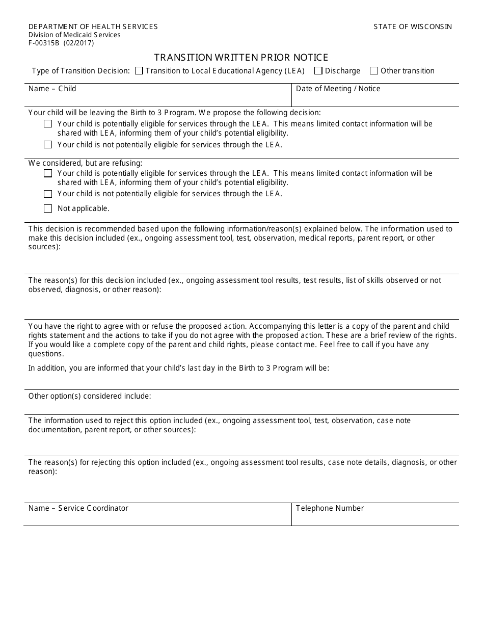 Form F-00315B Transition Written Prior Notice - Wisconsin, Page 1