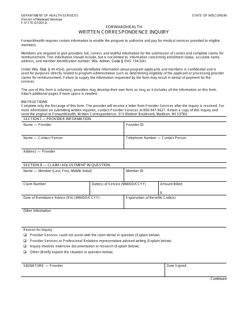 Form F-01170 Written Correspondence Inquiry - Wisconsin