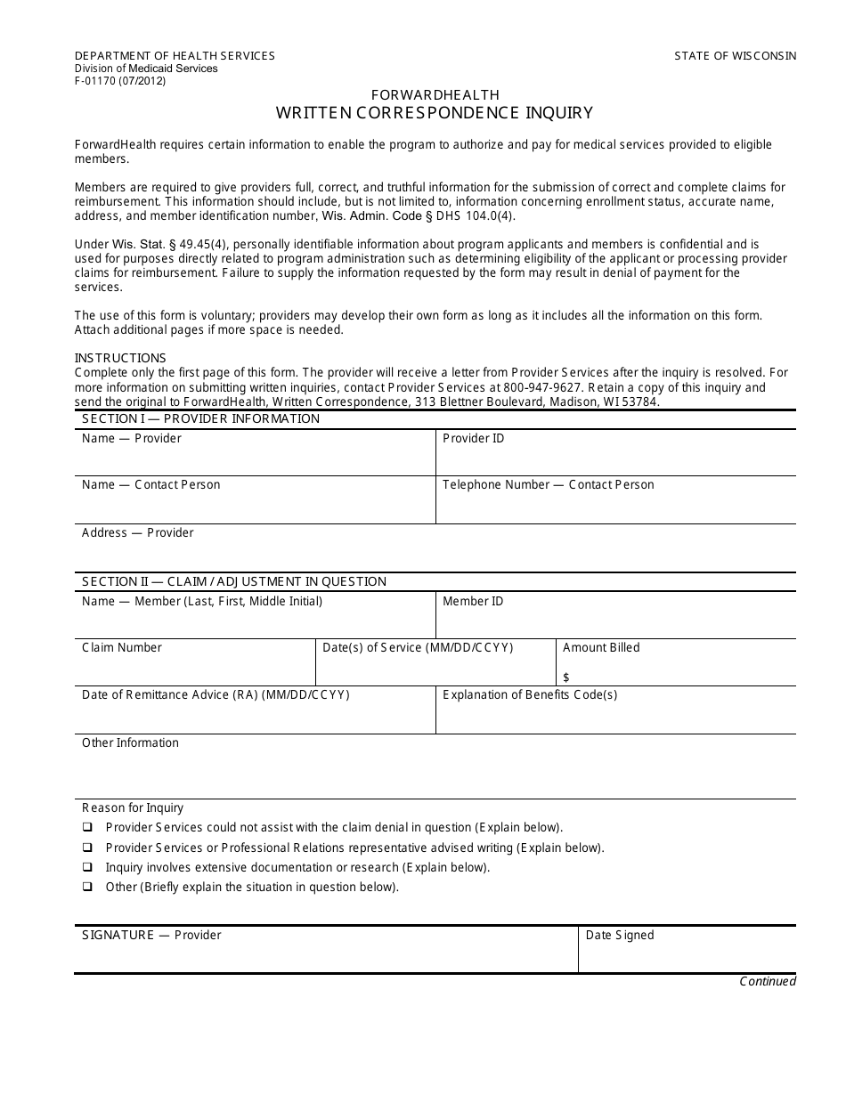 Form F-01170 Written Correspondence Inquiry - Wisconsin, Page 1
