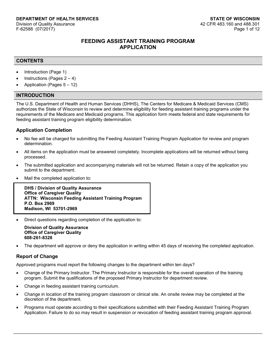 Form F-62588 Feeding Assistant Training Program Application - Wisconsin, Page 1