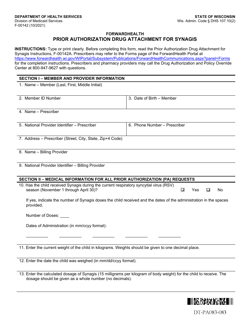 Form F-00142 Prior Authorization Drug Attachment for Synagis - Wisconsin, Page 1