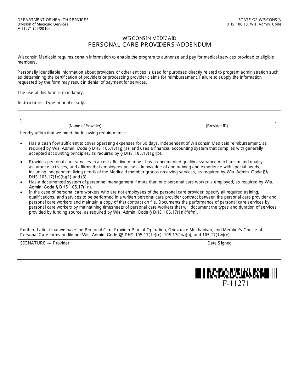 Form F-11271 Personal Care Providers Addendum - Wisconsin, Page 1
