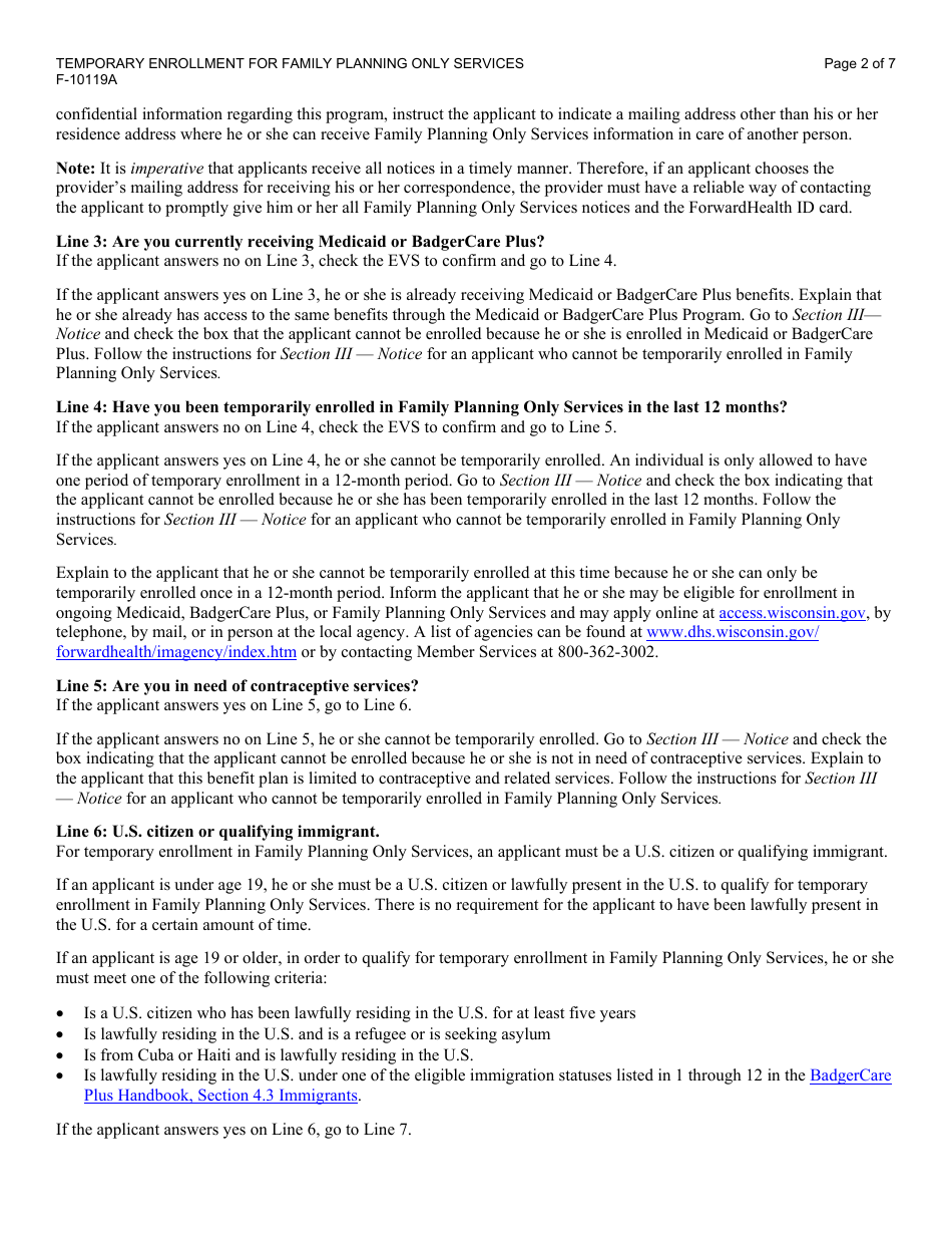 Instructions for Form F-10119 Temporary Enrollment for Family Planning Only Services - Wisconsin, Page 2